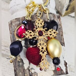 Handmade Vibtage Gold Cross Purse Charm / Keychain with Red and Black Accents
